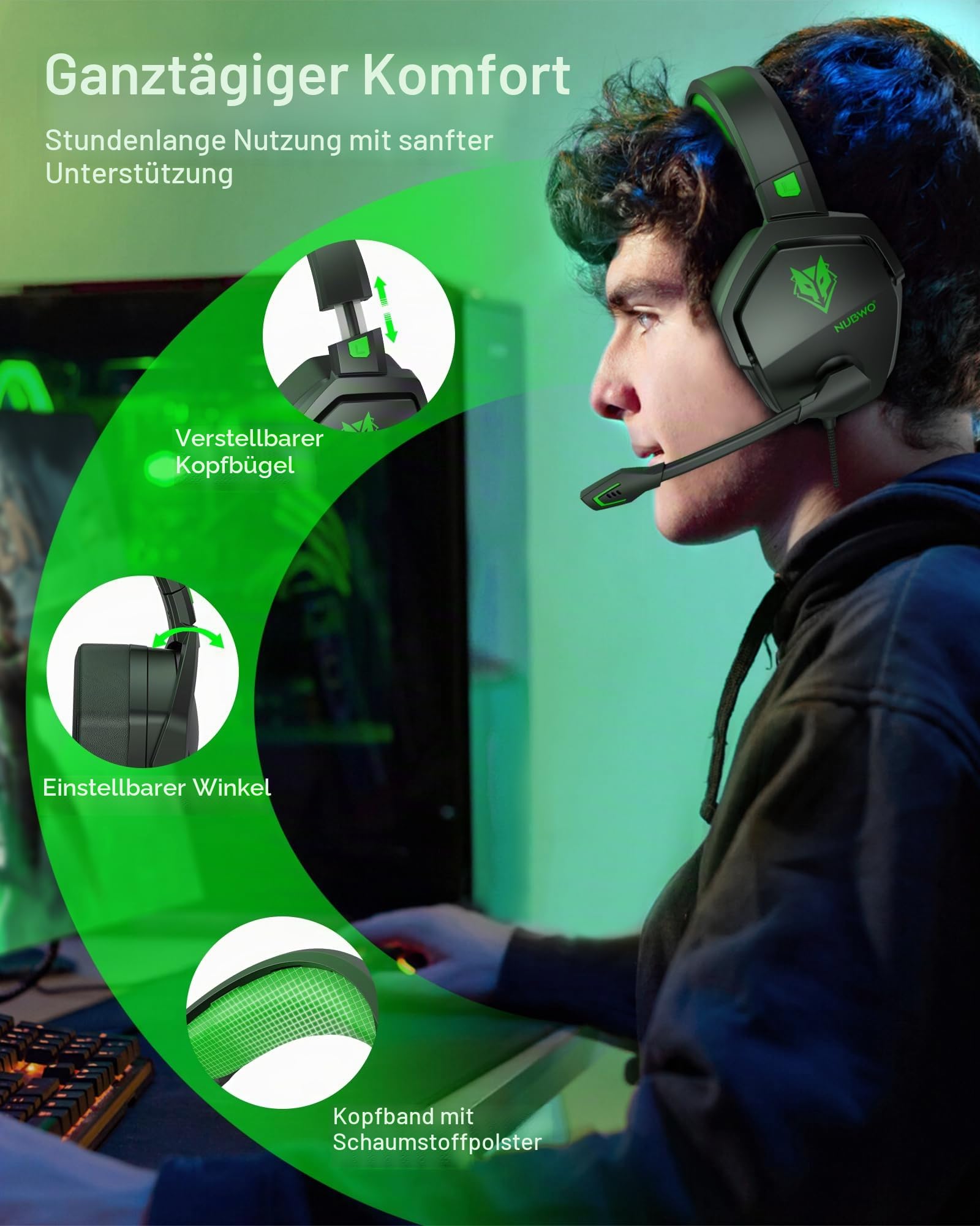 NUBWO N16 Gaming Headset – Mikrofon mit Geräuschunterdrückung, Stereo Sound und Komfortables Design für PS5, PS4, Xbox One, NS, PC, Laptop und Mac - Grün