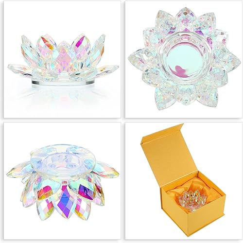 Miniatura 4 de OwnMy Portavelas votivas con diseño de flor de loto de cristal, diseño de pétalos de loto, soporte para velas de cristal para mesa de boda, centros