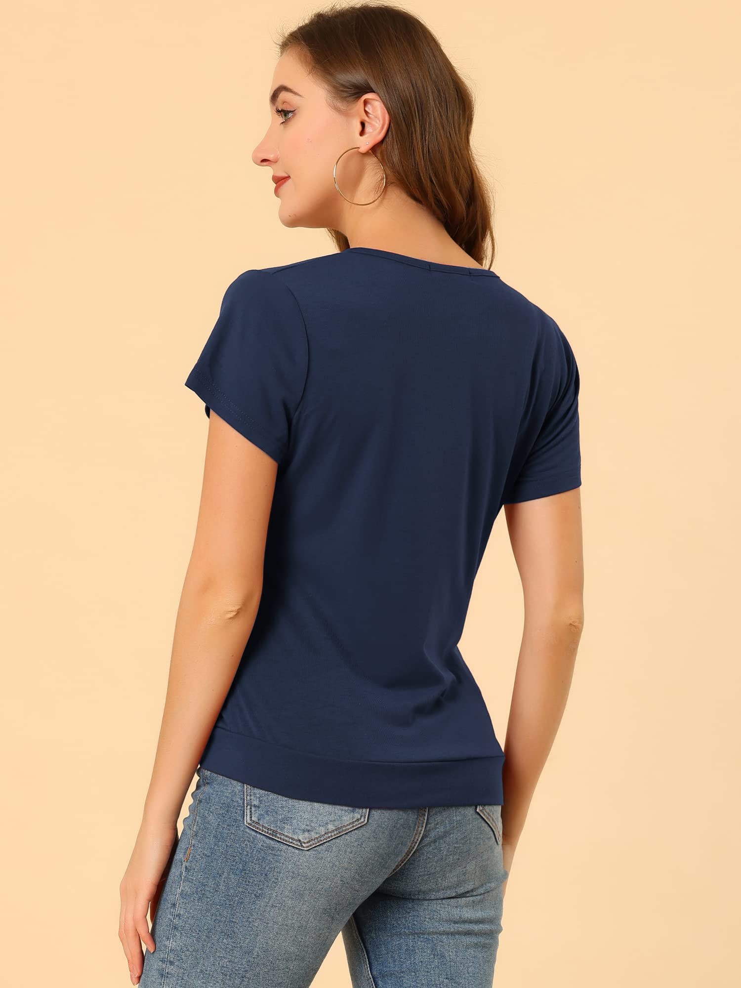 Allegra K Women's Wrap V Neck Short Sleeve Button Decor Ruched Top