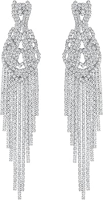 Photo 1 of mecresh Silver Rhinestone Crystal Bridal Chandelier Long Tassels Dangle Earrings for Wedding