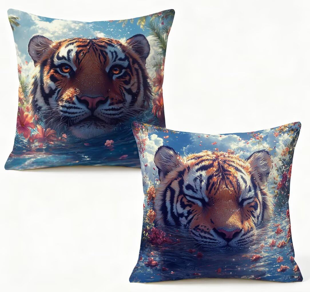 Housse coussin 65x65 cm tigre pour décorer votre salon et salon de jardin ce printemps