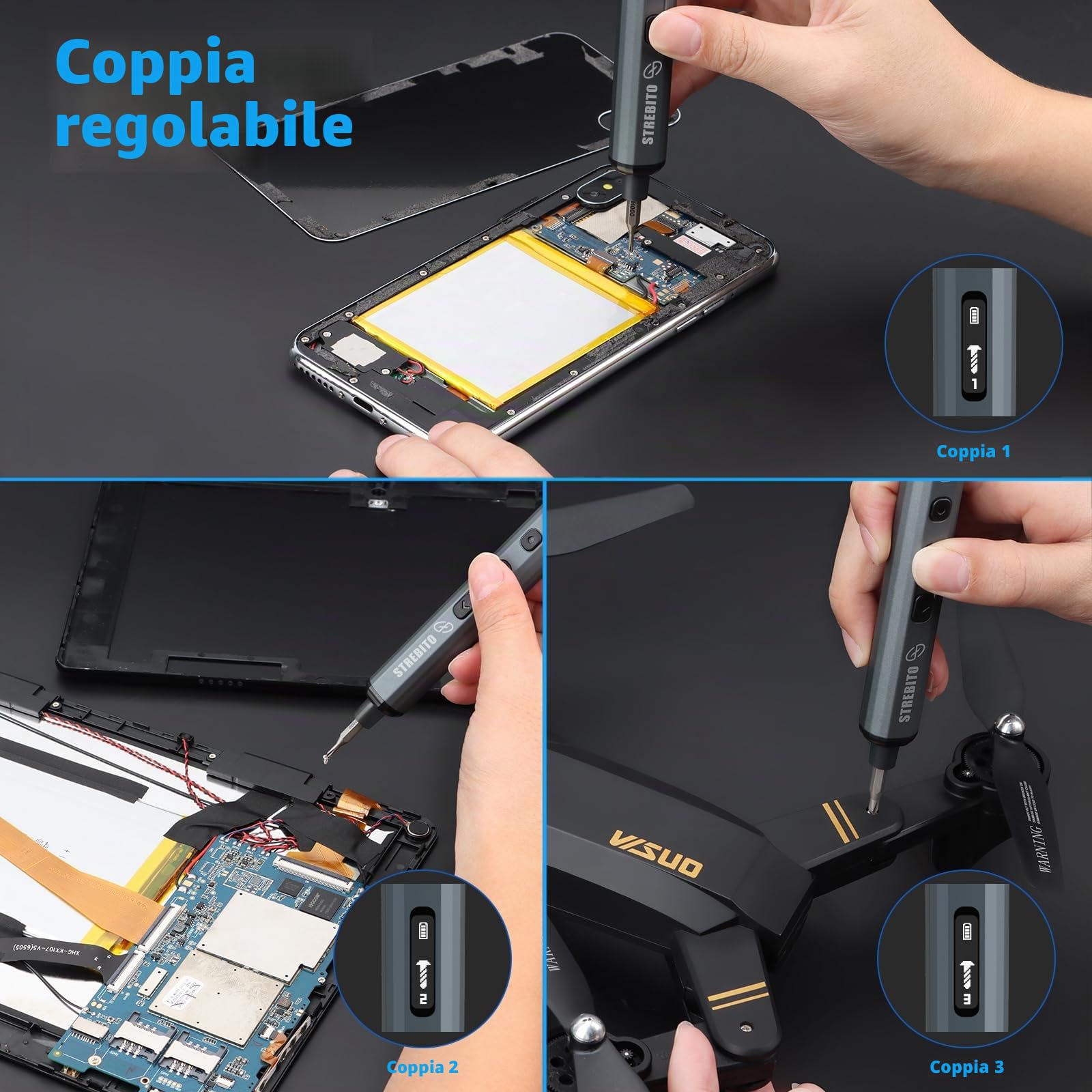 STREBITO Set di cacciaviti elettrico mini, 70 in 1 Piccolo cacciavite elettrico - 64 bit di precisione S2, 5 impostazioni di coppia, 4 luci LED, mini kit di strumenti di riparazione con cacciavite