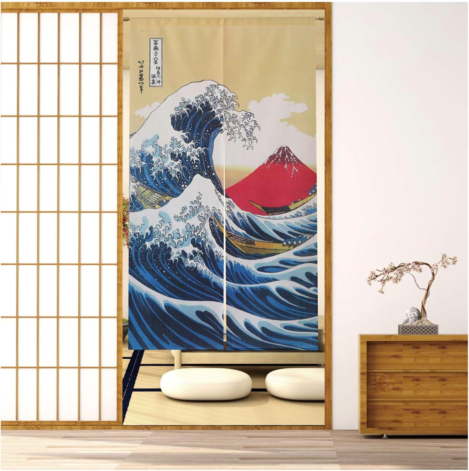 Noren Japanese Doorway Curtain Tapestry Decorations 67in Long Size Room Divider Curtain Privacy Anime Curtains (The Great Wave Off Kanagawa + Red Fuji, 33.5" W x 67" L) NR1251