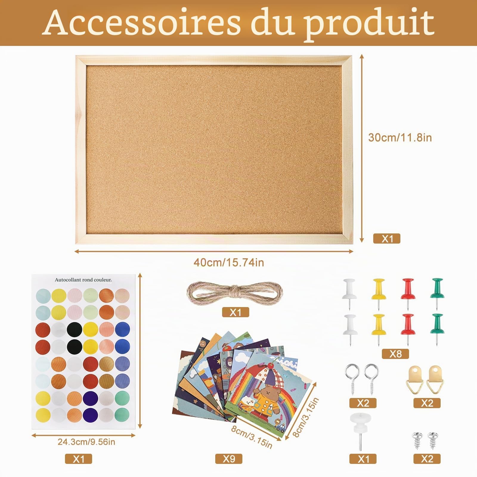 Tableau en Liège Mural, Tableau Liège Mural 40x30 cm | avec Cadre en Bois de Pin, Punaises et Kit de Montage pour Bureau, École, Chambre et Maison