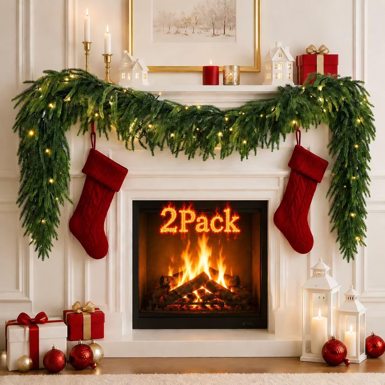 2Pack 6FT Norfolk Pine Christmas Garland with Lights, Xmas Artificial Garlands Faux Greenery for Fireplace Stairs Mantle Table Home Indoor Outdoor Holiday Decoration
