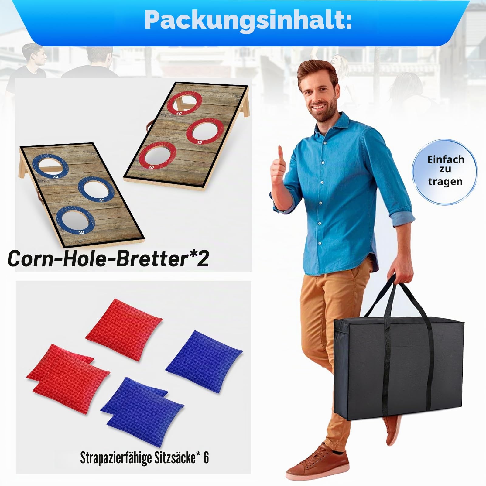 NZQXJXZ Cornhole Spiel Outdoor, 60x35cm Massivholz Premium Corn Hole Boards | mit 6 Cornhole Säckchen und Einer Tragetasche, Tragbar Cornhole Toss Set für Familie und Erwachsene