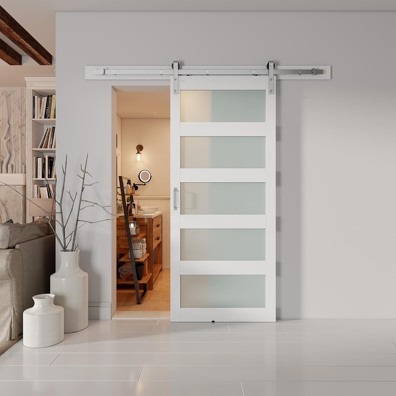 36'' x 84'' Glass Barn Door and 6.6 Ft Brushed Nickel Hardware Kit Included, MDF White Barn Door Slab with Frosted Glass, PVC Surface, Combined with Handle and Floor Guide-Assembly Required