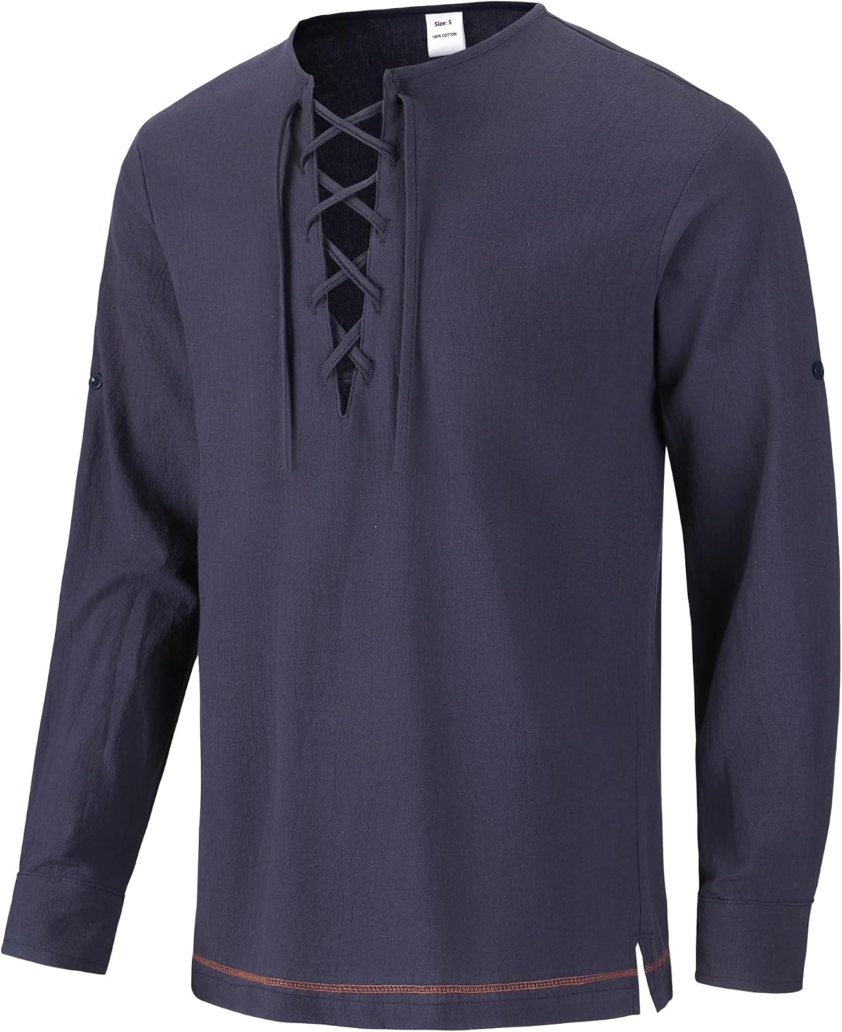 Mens Long Sleeve Cotton Lace up Shirts for Renaissance Pirate Viking Medieval Cosplay Costume Without Belt