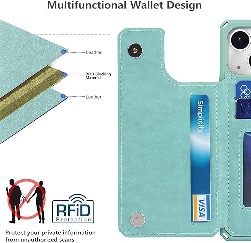 Miniatura 3 de iCoverCase Funda compatible con iPhone 13 con tarjetero para mujer, bloqueo RFID en relieve, piel sintética con correa de muñeca de 6.1 pulgadas