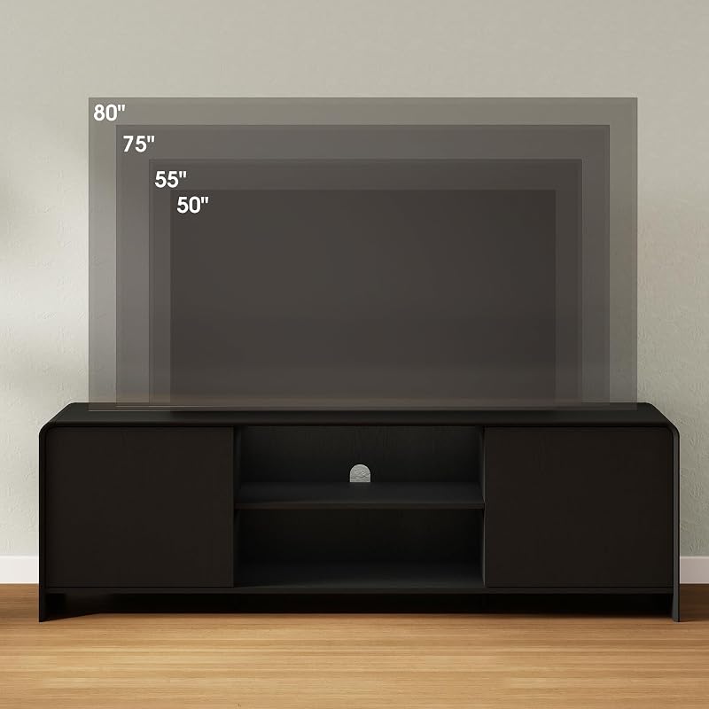 Bevfint Modern TV Stand for 80 Inch TVs, Sleek Entertainment Center for Next-Gen Gaming & Social Parties, Black Media Console Cabinet with Storage & Rounded Arc Design - Classic Black image 5