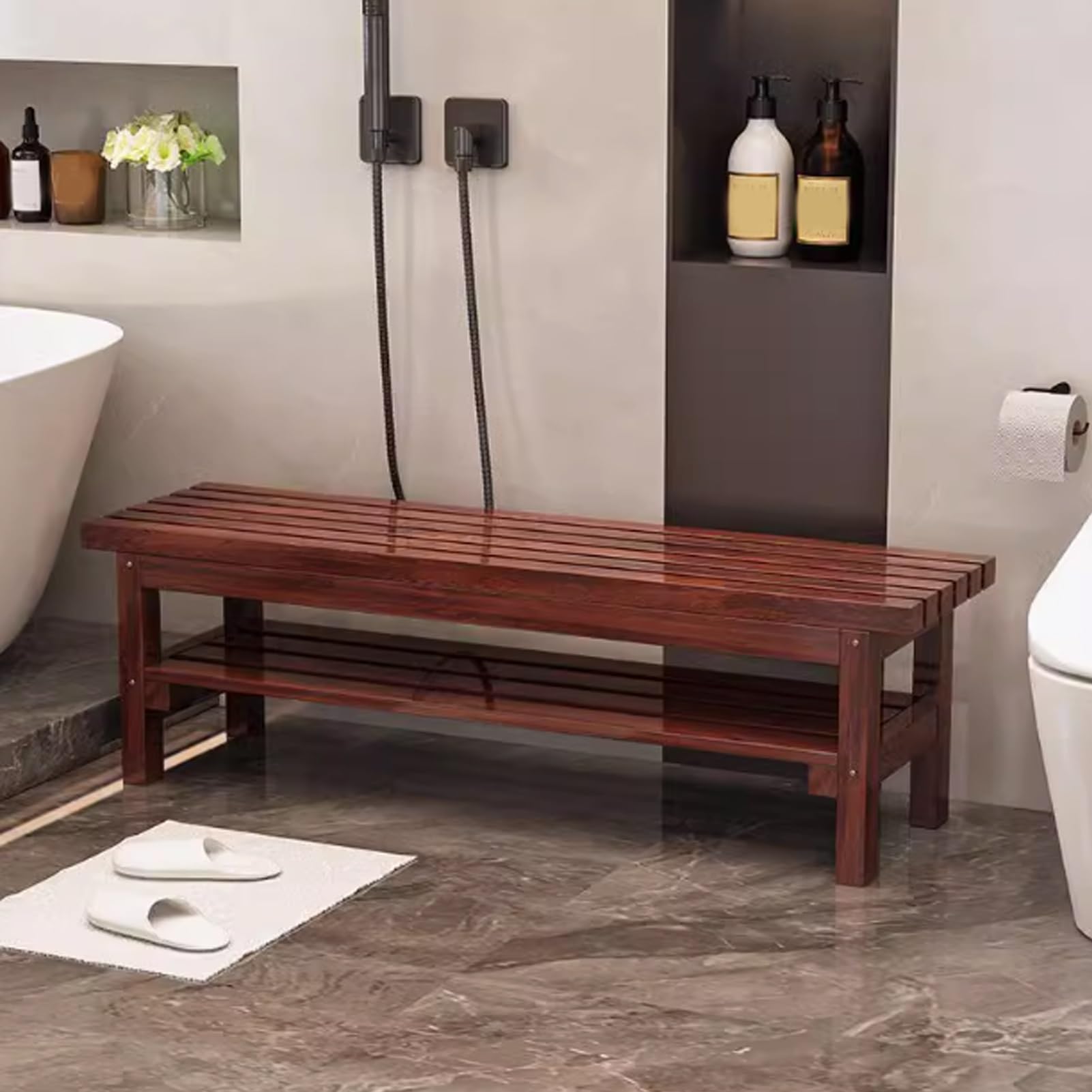 Banc de ferme en bois de faible hauteur au design épuré