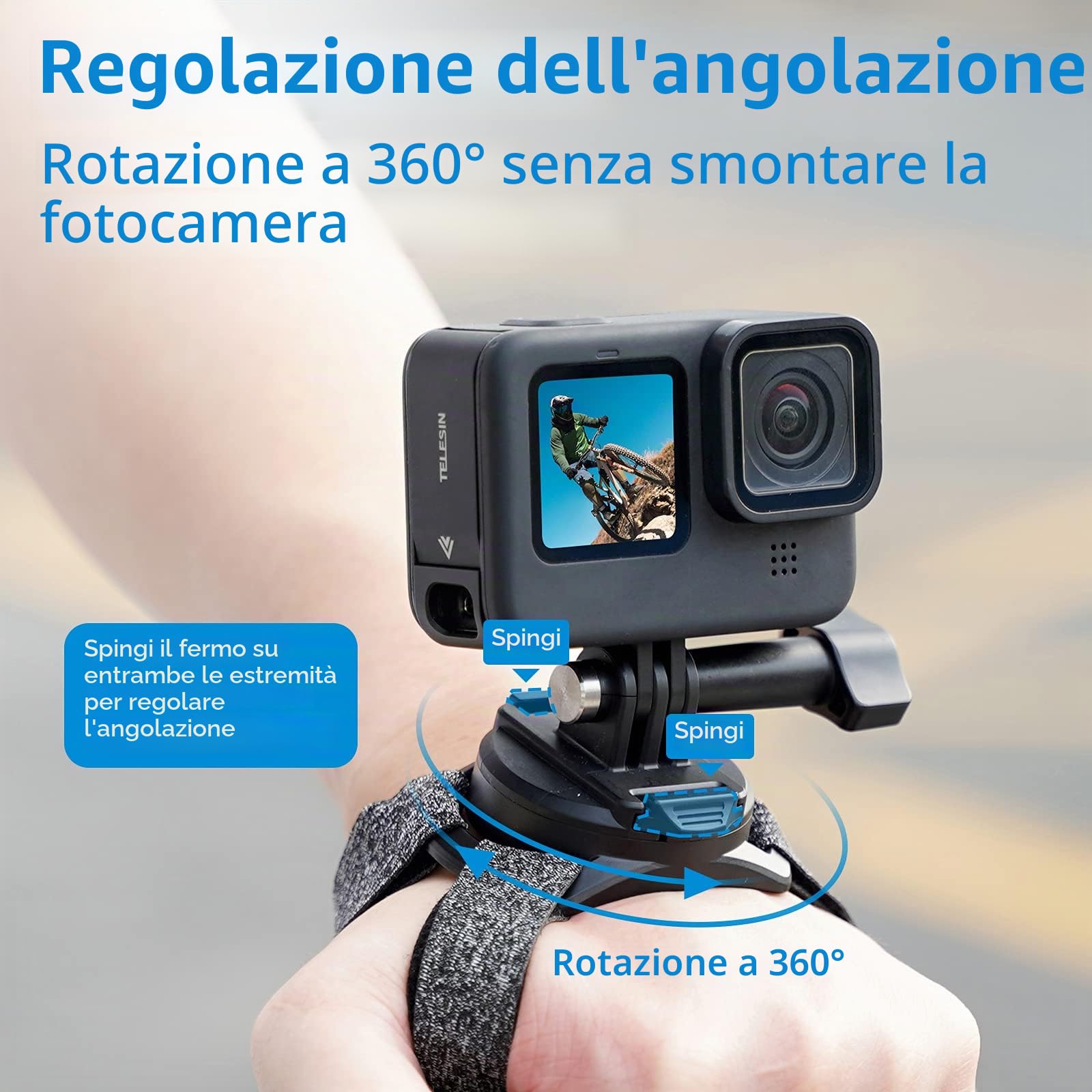 TELESIN Aggiornamento Supporto per cinturino da polso Rotante 360° Fascia per Mano compatibile con GoPro Hero 13, 12, 11,10, 9, 8, 7, 6, 5, DJI Action 6 5 Pro 4/3, Ace Pro 2 Ace Pro X5 X4, X3,ONE X2