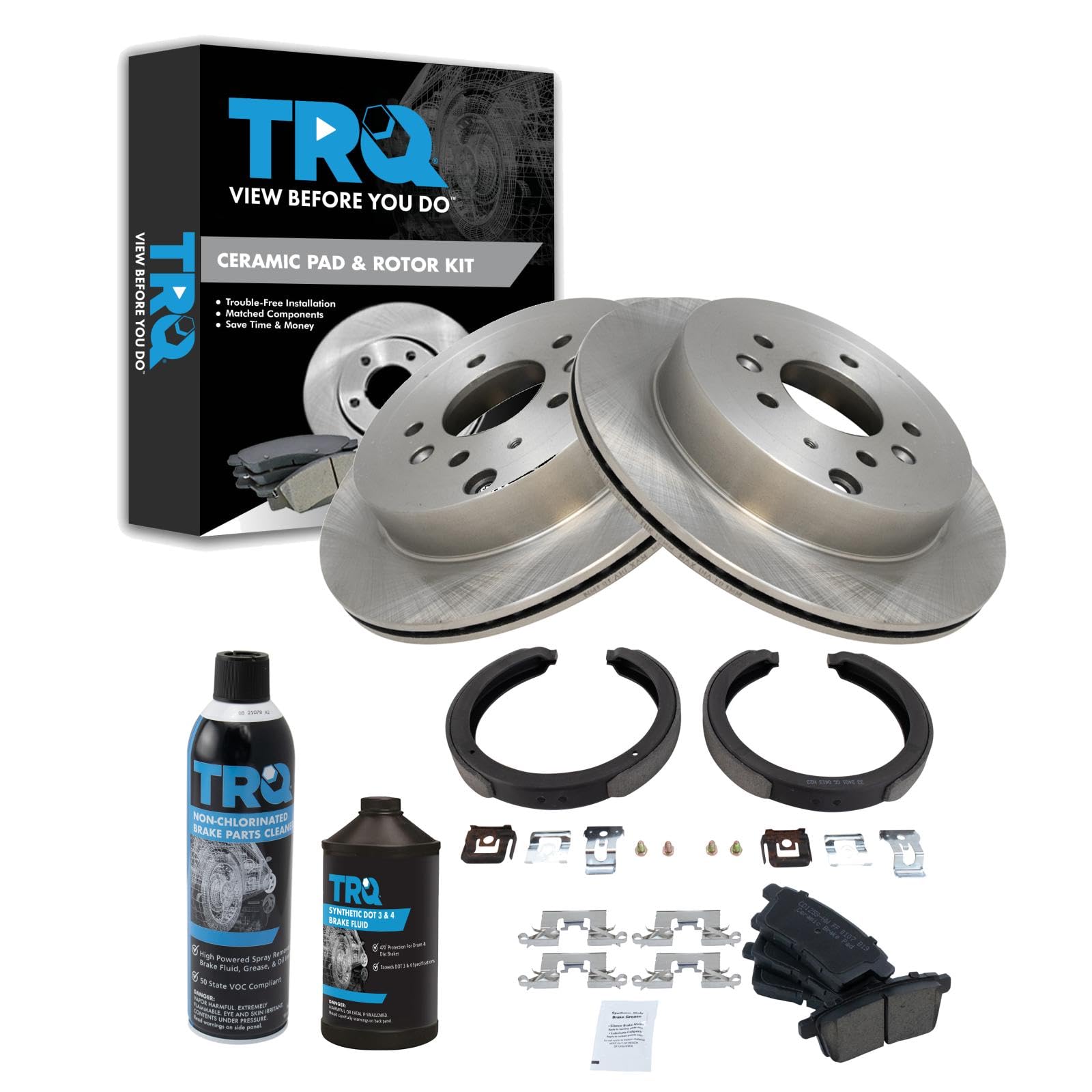 TRQ Rear Brake Pad &amp; Rotor Kit, with Chemical Kit Parking Brake Shoe Set Ceramic Compatible with 2011-2012 Mazda CX-7