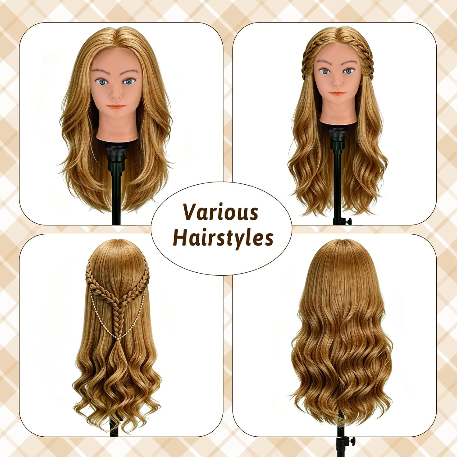 Mannequin Head with 90% Human Hair, 24" Hair Doll Head for Cosmetology & Hairdresser, Real Hair Manikin Doll Styling Head, Hairdressing Training Braiding Head with Table Clamp (Gold Blonde)