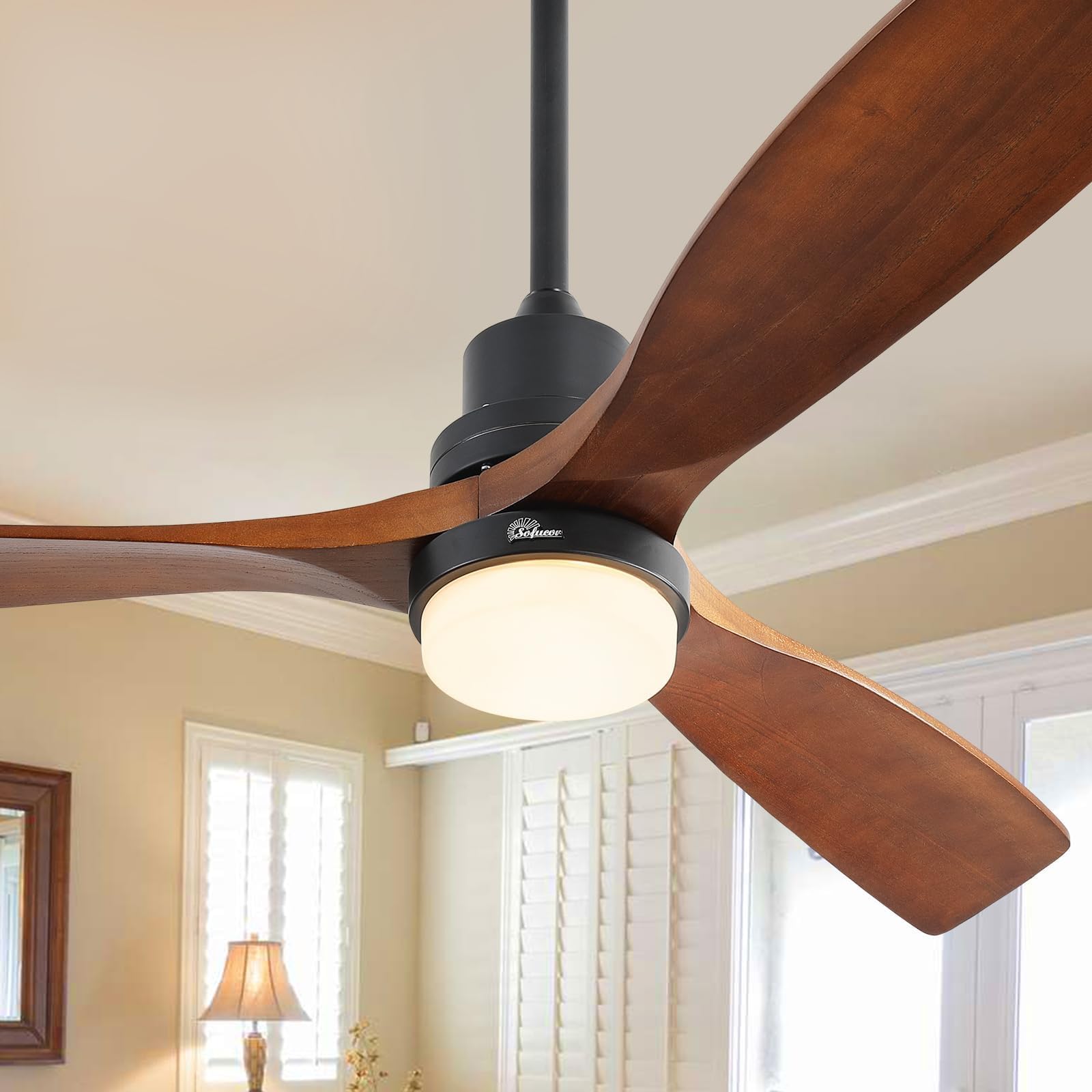 Sofucor 52 Inch Solid Wood Ceiling Fans with Lights and Remote, Dimmable 6-Speed Outdoor Ceiling Fan with Light, 3 Blade Ceiling Fan with Timer, Quiet DC Motor for Living Room Patio