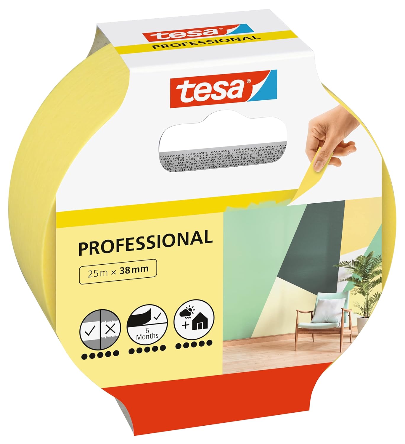 tesa Masking Tape Professional - Painter's Tape Made of Thin Washi Paper for Particularly Precise Masking During Painting Work - for Indoors and Outdoors - 25 m x 38 mm