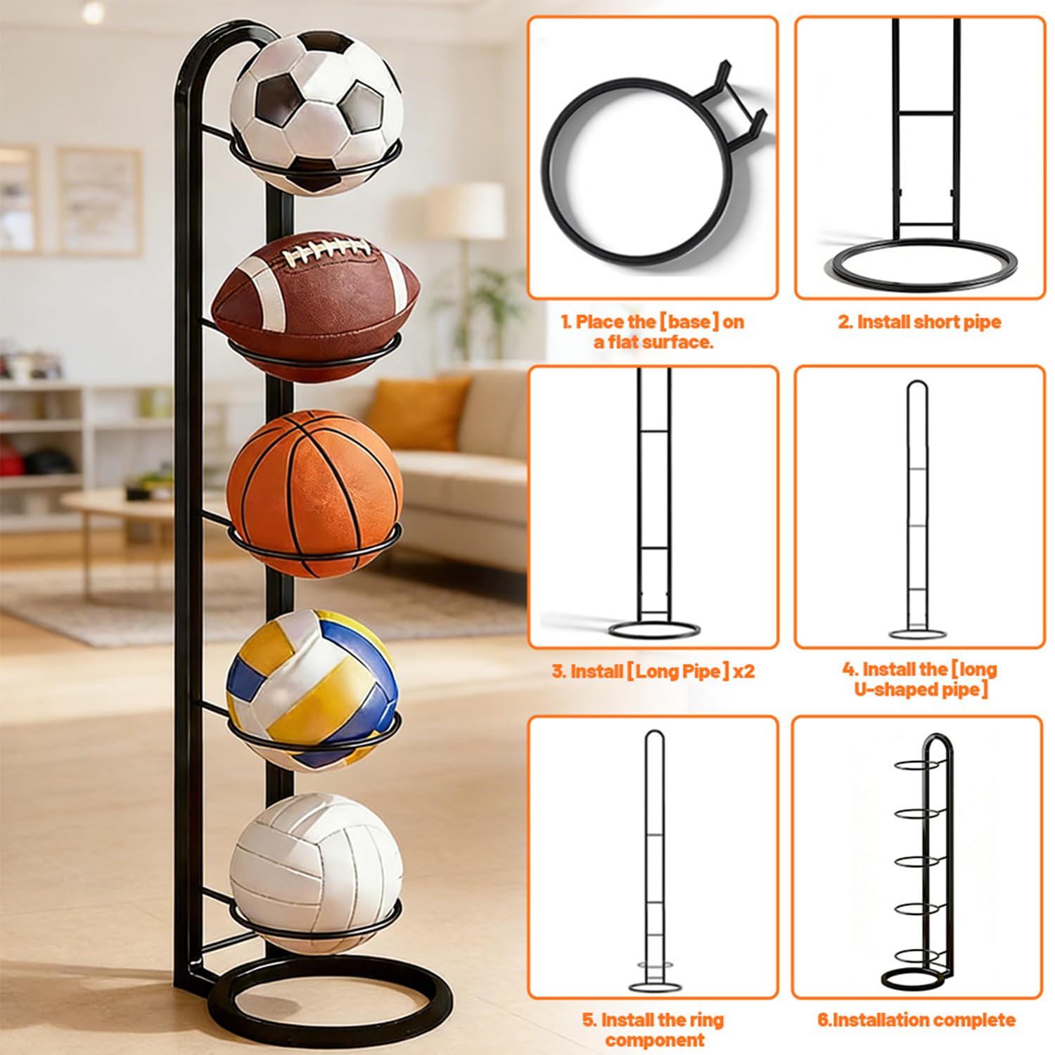 Support mural pour ballon de football à 5 niveaux, amovible, support vertical pour balles, organisateur d'équipements de sport pour ballons, support mural pour basket-ball, football, volley-ball et - 4