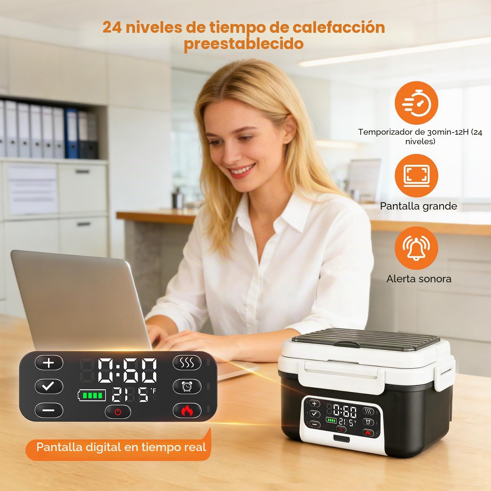 Fiambrera Eléctrica con Batería, 1,5L Taper Eléctrico para Comida Portátil, Tupper Calentador para Comida con 6 Modos de Calentamiento & Temporizador 24H, caja de almuerzo con calefacción programable