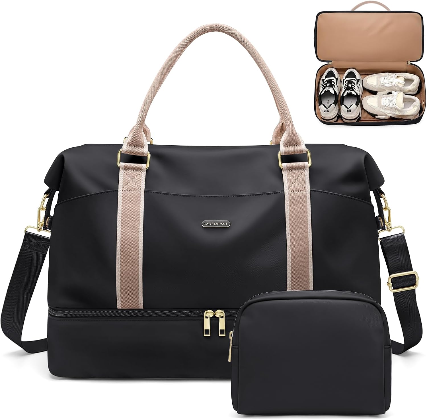 Weekender Bags for Women, Carry On Travel Duffel Bag with Shoe Compartment & Toiletry Bag, 46L Overnight Bag Gym Hospital Bags for Labor and Delivery (Black)