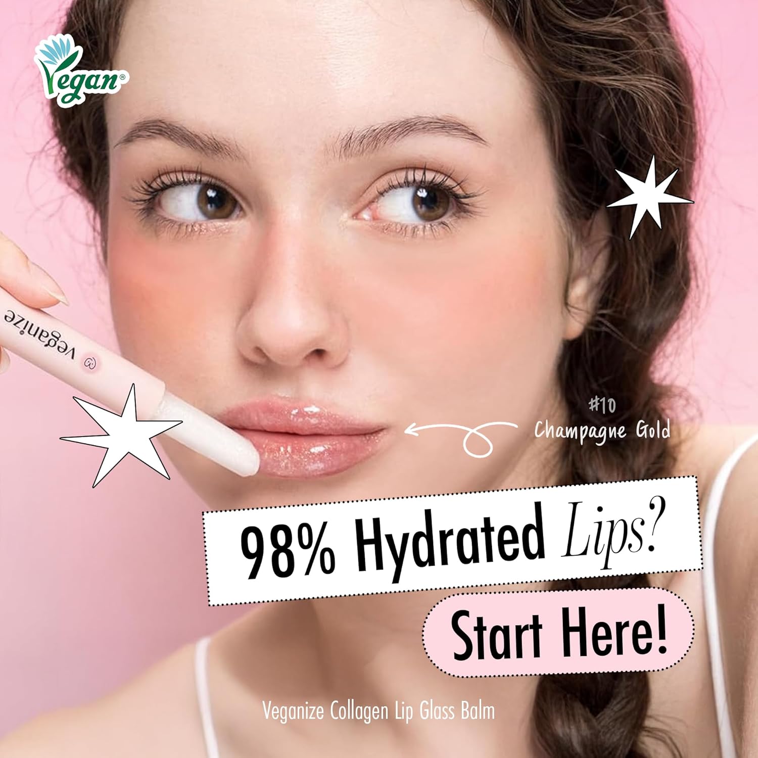 self beauty Veganize Collagen Lip Glass Balm - Hydrating Lip w/Hyaluronic Acid - Vegan Korean Lip Balm Moisturizing Lip Care – Lip Gloss Repair for Dry Cracked Lips 0.06 oz (#10 Champagne Gold) - Image 2