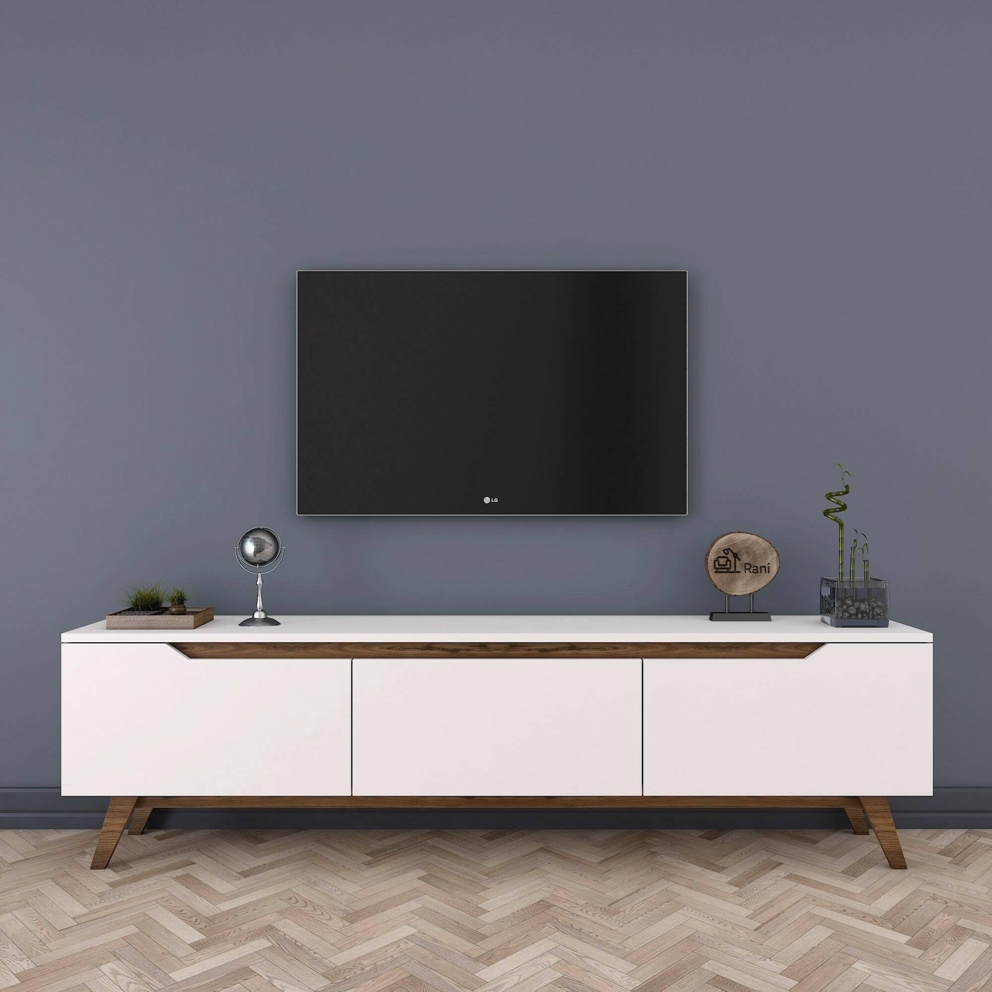 Dmora - Mobile porta TV Cor, Credenza da soggiorno, Armadio basso per TV, Base parete attrezzata, 180x35h49 cm, Bianco e Noce