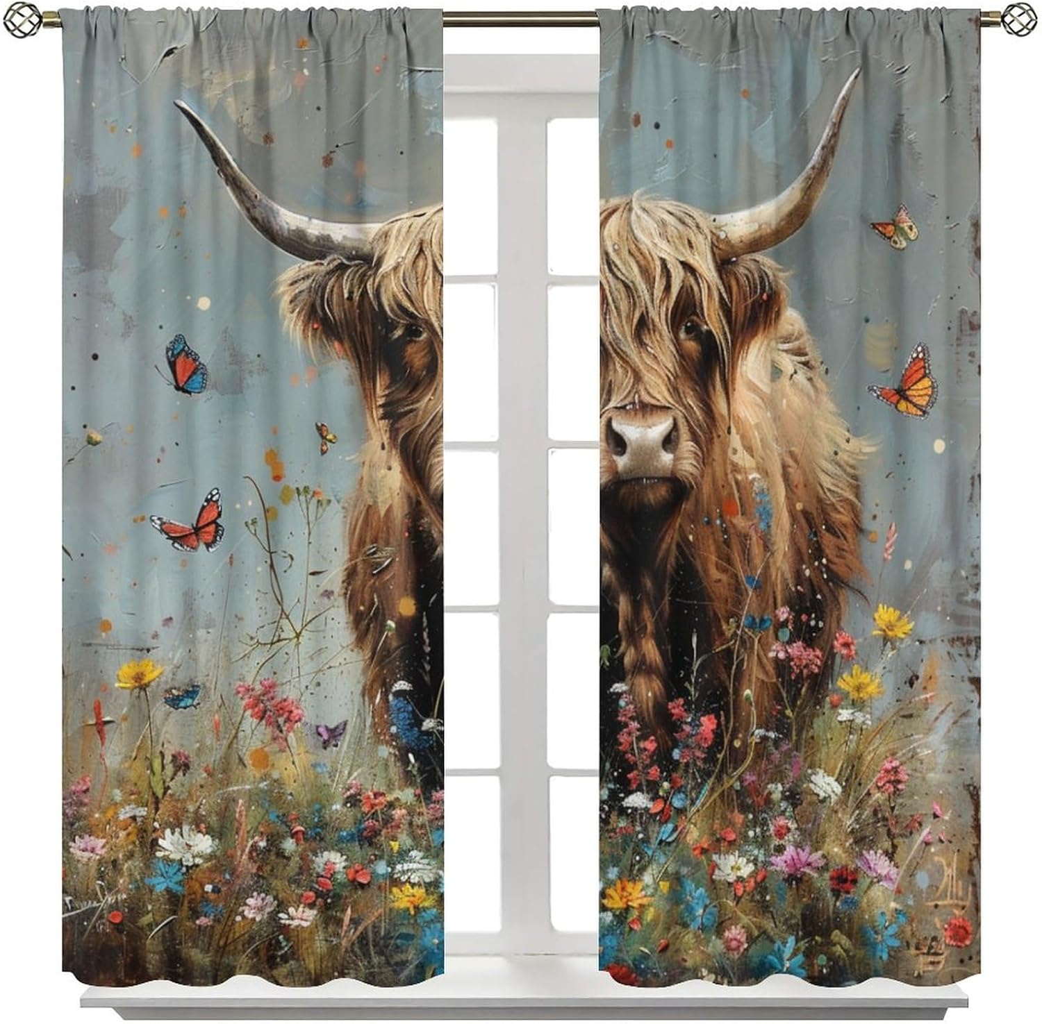 Vintage Daisy Cow Blackout Curtains for Bedroom Living Room, Cattle Grassland Daisy Floral Animal Curtains Rod Pocket Thermal Insulated Window Drapes, 2 Panels/Each 21" W x 63" L