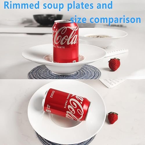 Miniatura 3 de Cuencos de sopa con borde de cerámica de 5.1 onzas, blanco de 8.5 pulgadas, exquisito plato de sopa pequeño, juego de 4, platos de pasta con borde