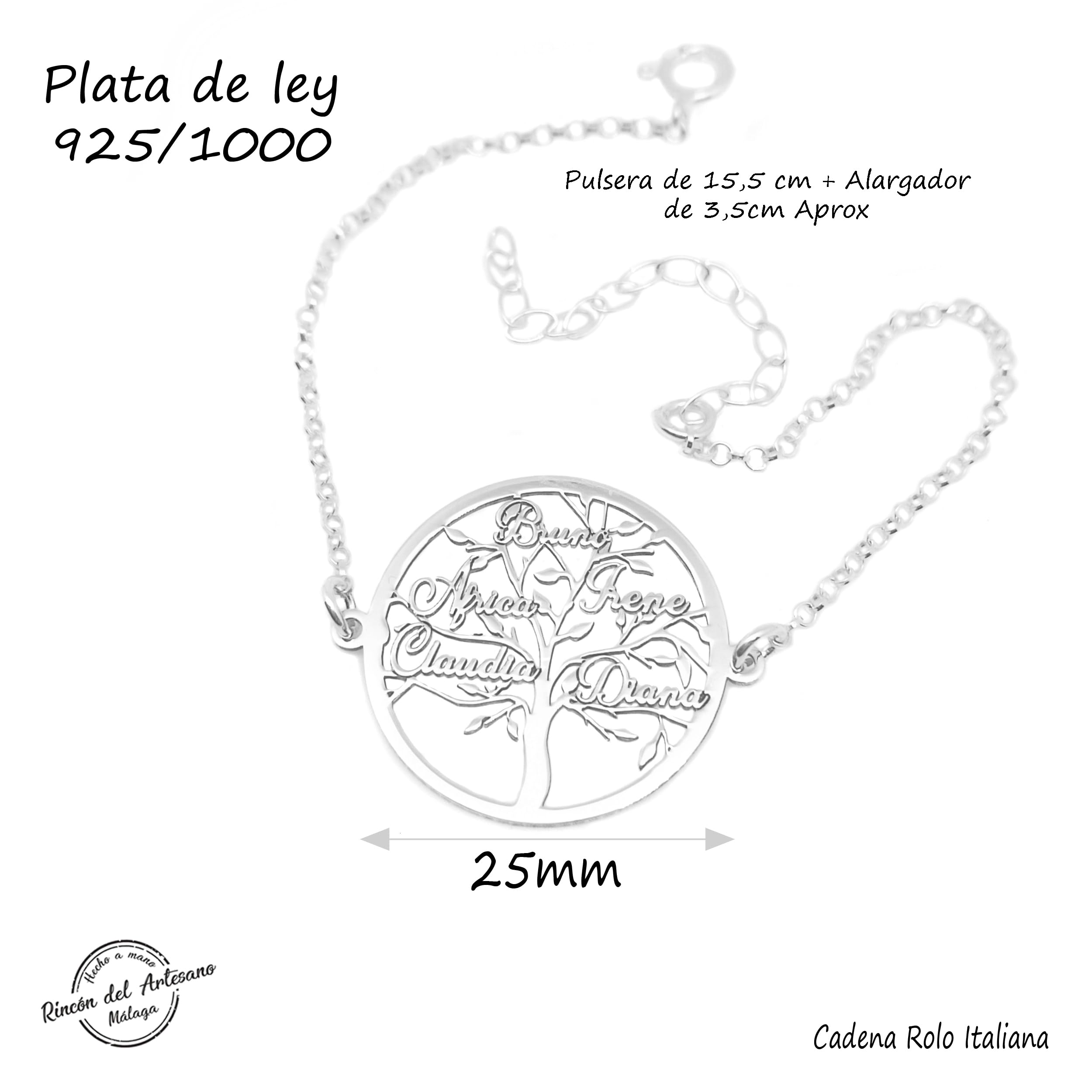 Pulsera Árbol de la Vida Personalizada con Nombres-Medida 25 mm-Fabricada en Plata de Ley 925/1000. Regalo Día de la madre.