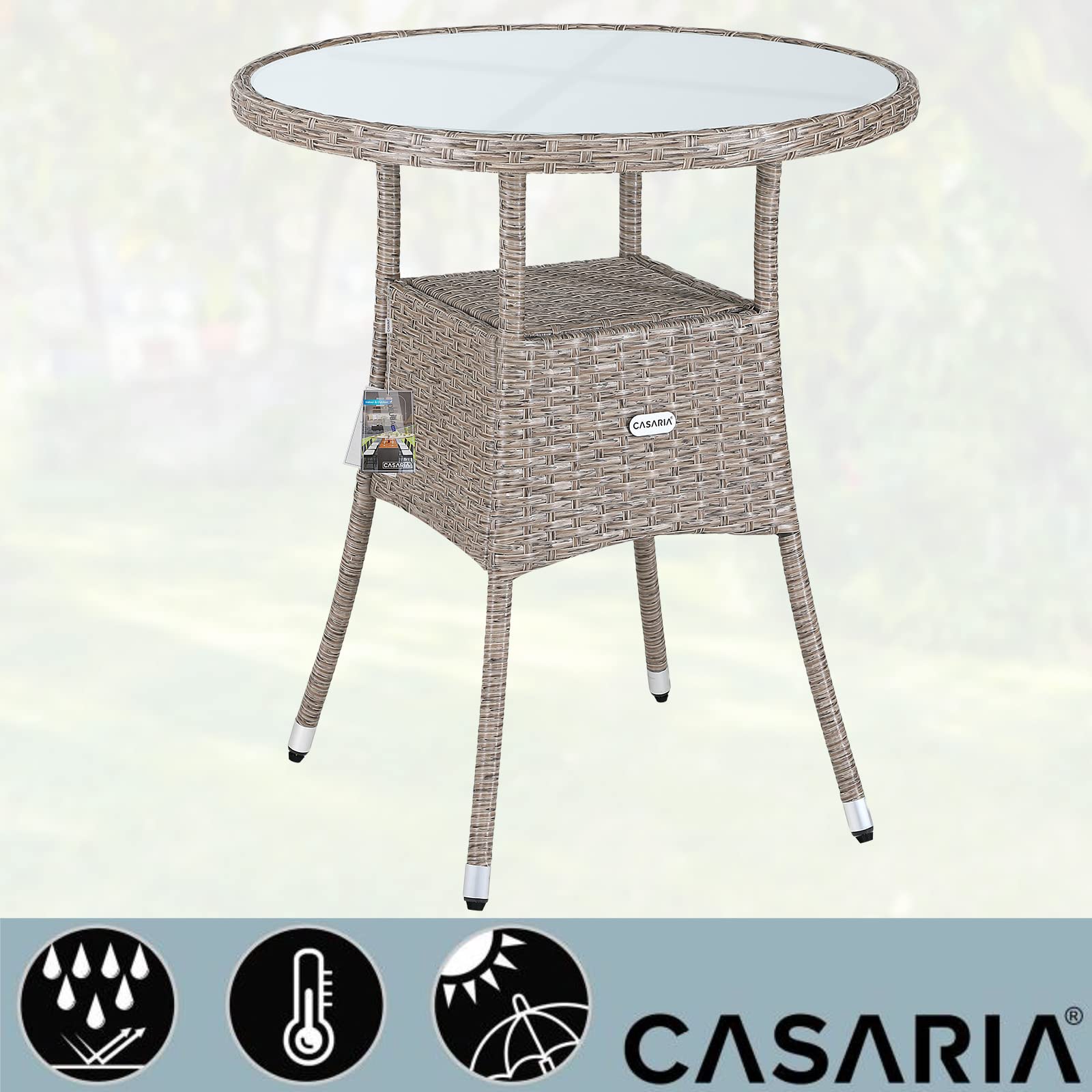 Casaria Tavolo Rotondo da Giardino Polyrattan Ø60 Piano in Vetro 5mm Altezza Regolabile