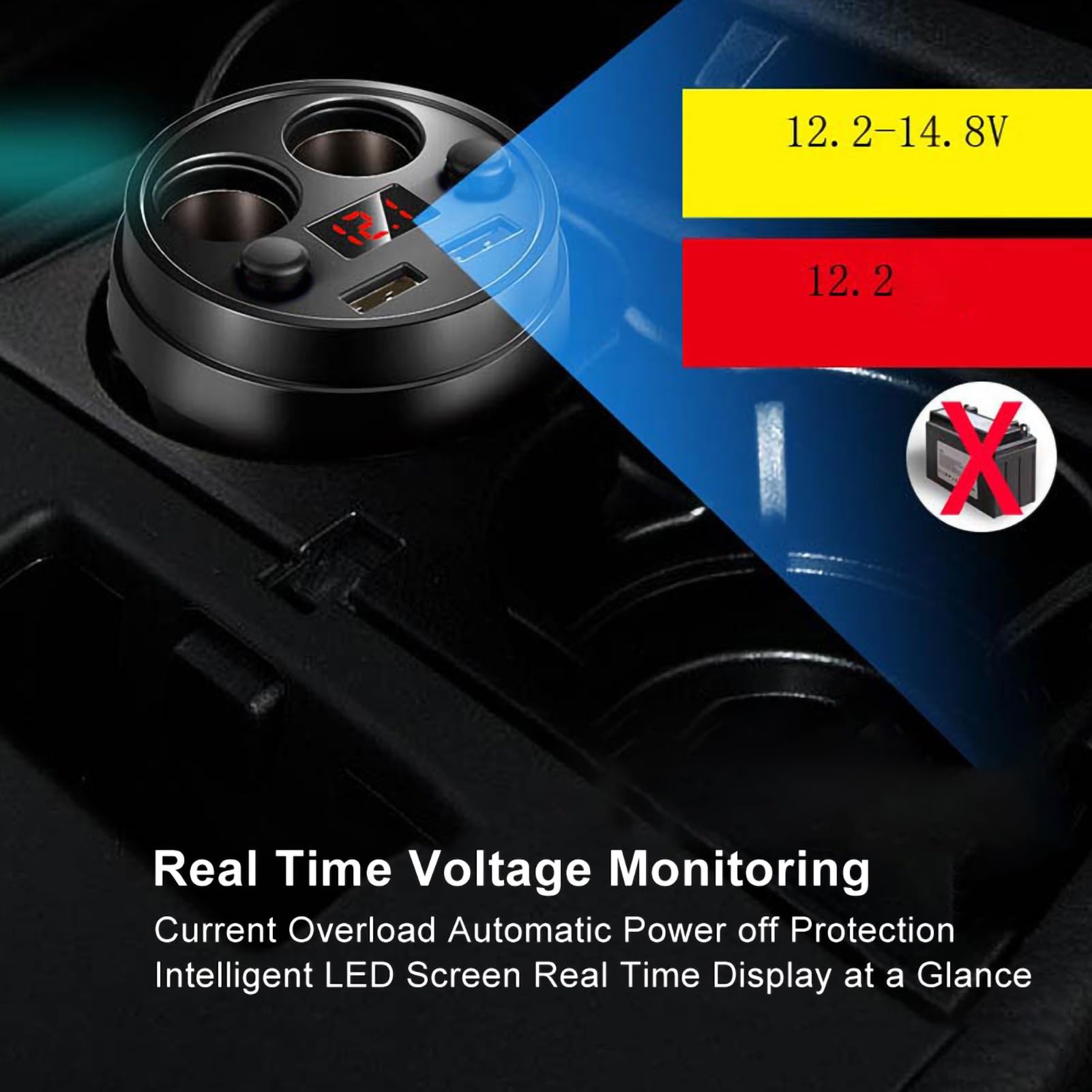 Cargador de Coche con Portavasos USB Dual, Cargador de Teléfono para Coche de 3,1 A y 120 W, Monitorización de Voltaje en Tiempo Real, Orificio para Encendedor de Cigarrillos