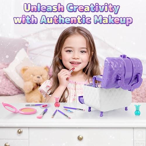 Miniatura 5 de Juego de maquillaje para niños para niñas, juego de caja de maquillaje cosmética lavable real con espejo, kit de disfraz de princesa suave y