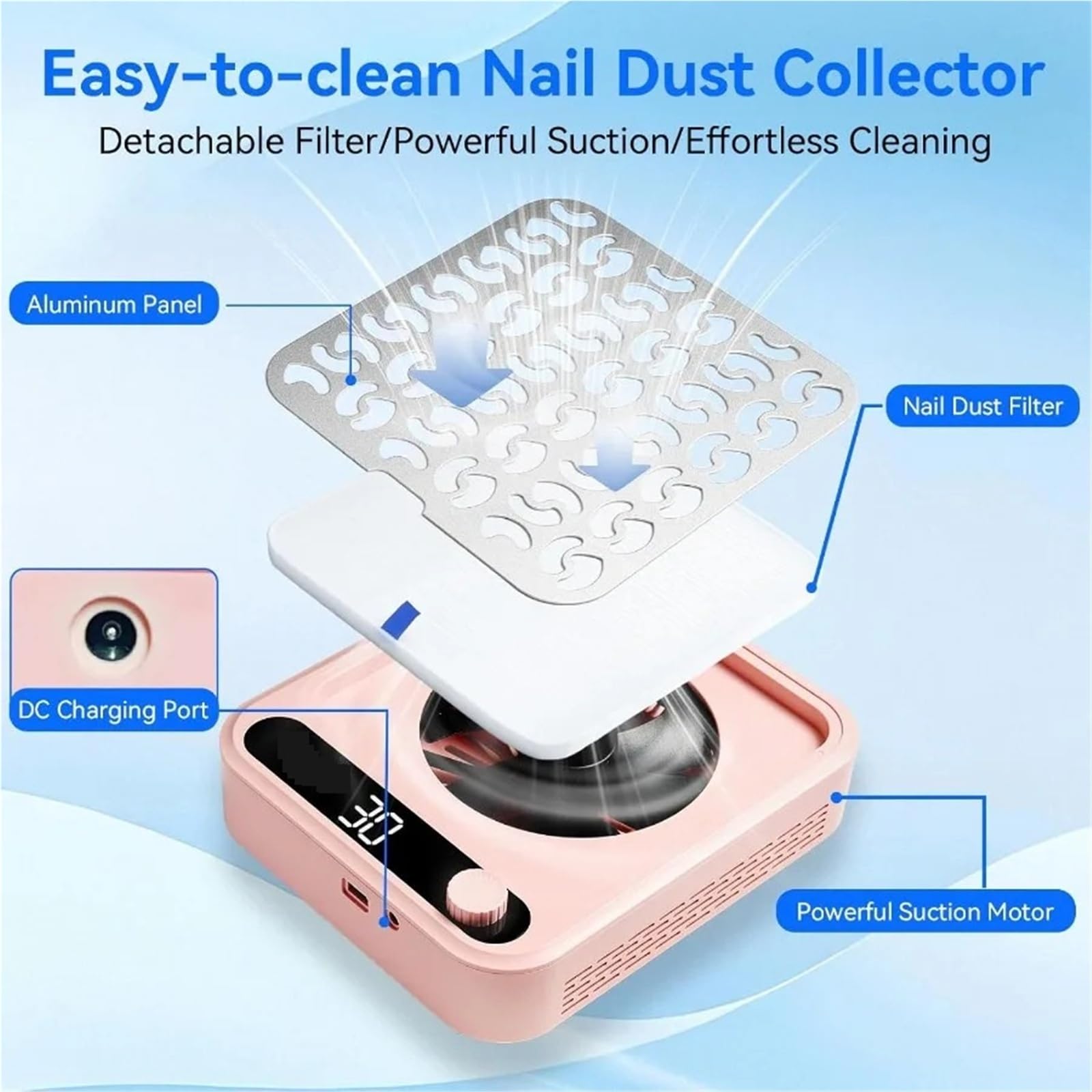 Aspirador Uñas, Aspirador profesional de polvo for uñas Larina con potente succión y ventilador, con pantalla LED y velocidad ajustable.