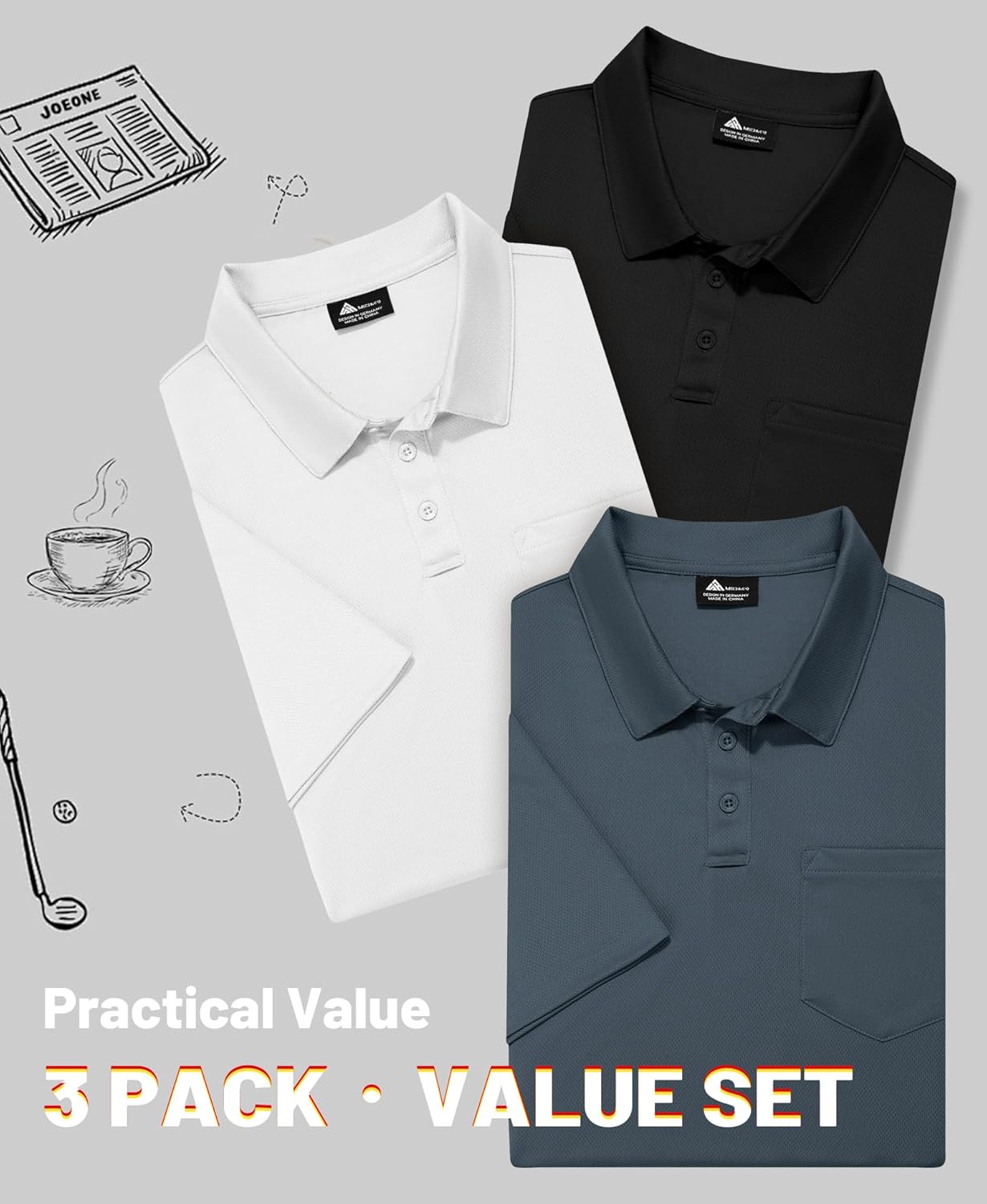 ZITY Men's 3 Pack Polo Shirts Short Sleeve with Pocket Moisture Wicking Casual Work Golf Lightweight Collared T-Shirts