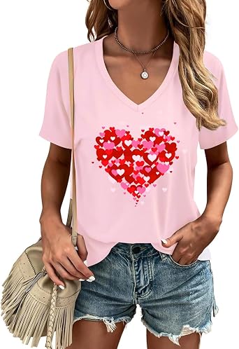 Valentines Day Shirt for Women Love Heart V-Neck T-Shirts Teenager Valentine Tee Tops