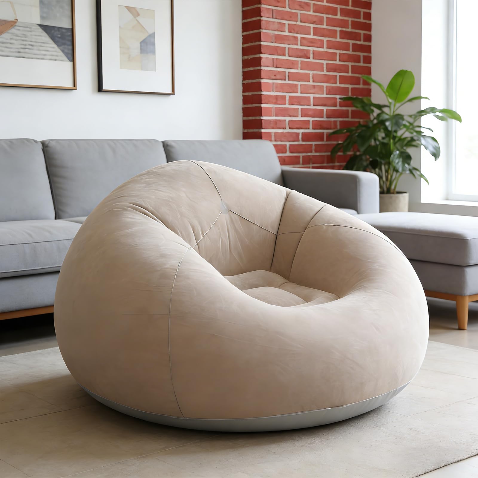 FARYODI Divano gonfiabile, poltrona gonfiabile, 105 x 105 x 60 cm, ultra morbida, senza riempimento di fagioli, gonfiabile e portatile, per soggiorno, giardino, campeggio (caffè)