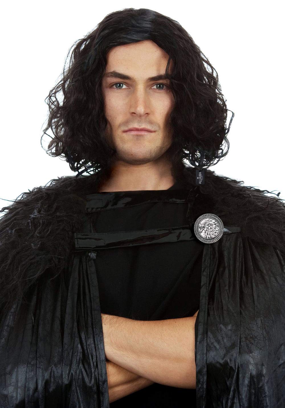 ALLAURA – Jon Snow Wig Northern Snow King Wig + Shield Jon Snow Pin – Bruno Short Black Curly Cosplay Wigs For Men Halloween Cosplay Halloween Costume