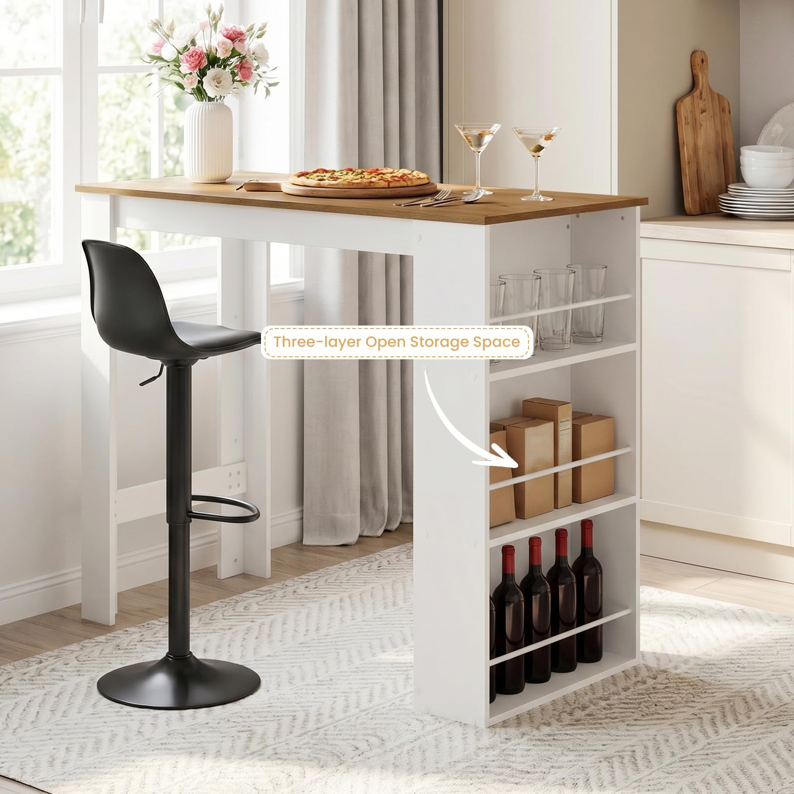 Tavolo da cucina con sedie, rovere scuro + 4 sgabelli alti bianchi | Set sala da pranzo (tavolo con 4 sedie), tavolo bar con vano contenitore per cucine, sale da pranzo e bar
