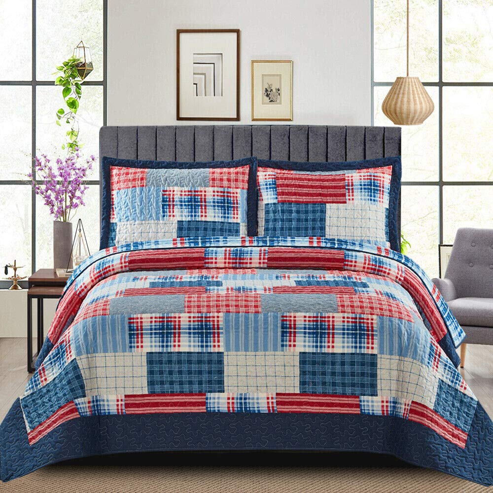 B&B Patchwork Quilt Bedspreads King Size Bedding - 3Piece Box Pattern Thick Cotton Filling Decorative Stitch Blanket Bed Throw With 2 Matching Pillow Cover Set - Denim Red