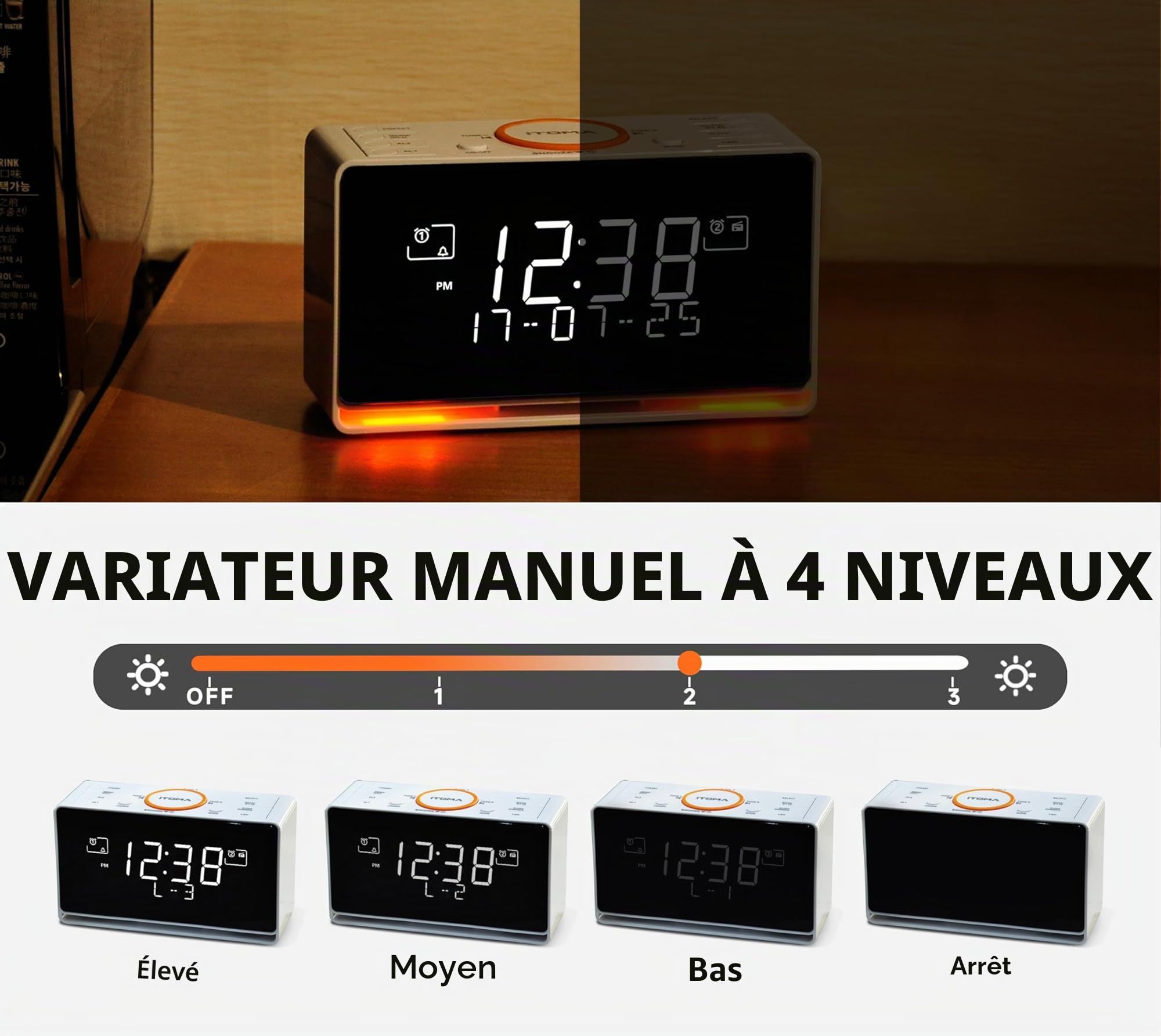 Réveil Radio DAB et FM avec 40 presets, Bluetooth, double alarme, minuterie de sommeil, contrôle de gradation, CHARGEUR USB et prise casque iTOMA 728