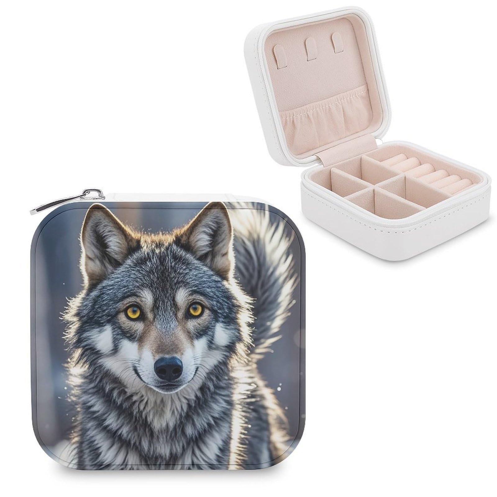 Cute Wolf Jewelry Case Personalized Leather Jewelry Box Mini Travel Jewelry Case Small Portable Jewelry Organizer for Ring Earrings Necklace Bracelet