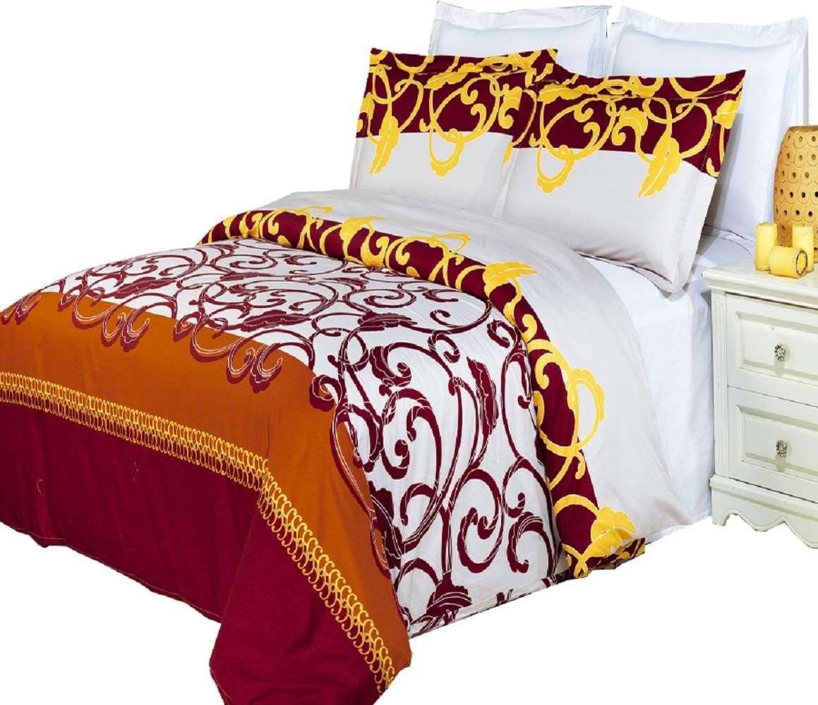 sheetsnthings Luxury 3PC King/Calking Printed Ivory with Wine Tustin Duvet Cover Set, 100% Cotton Fiber Reactive Prints with Matching Pillow Shams