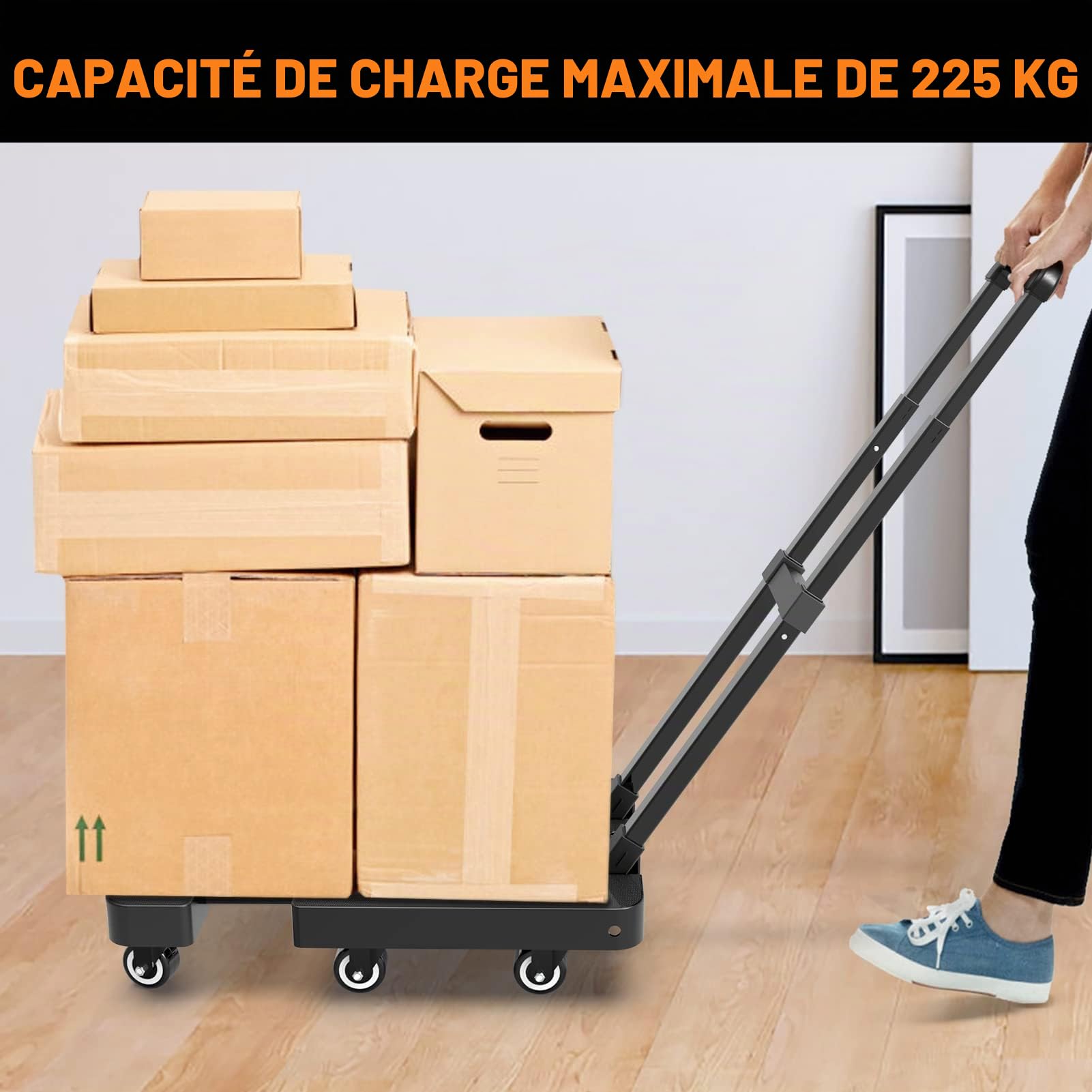Ronlap Diable Pliant, Chariot à Main Pliable à 6 Roues avec 2 Cordes élastiques, Chariot à Bagages Robuste Portable d'une capacité de 225 kg, pour Transporter des Bagages, Noir