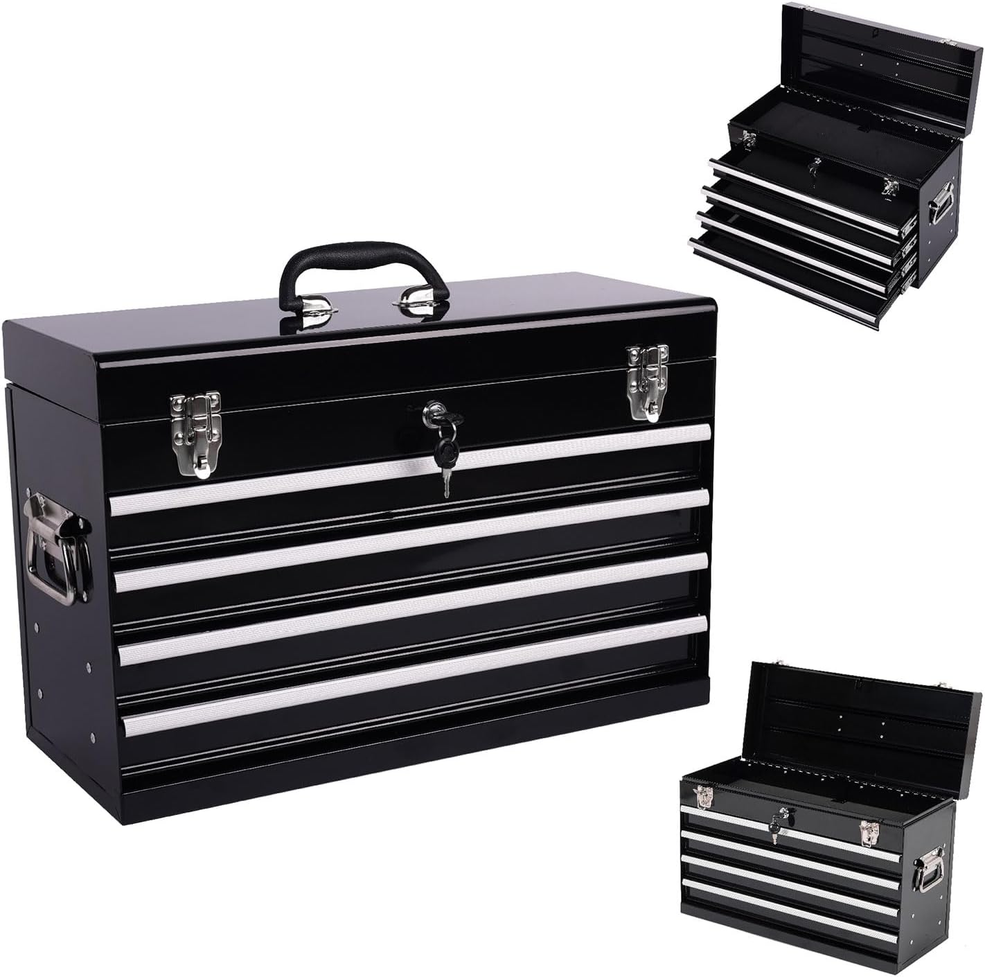 Portable Metal Tool Box with 4 Drawers, 21" Steel Tool Chest with Top Storage — Auto-Locking & Lock Hole, Ball-Bearing Slides, EVA Liners, Powder-Coated Garage/Truck Organizer, 21 x 8.62 x 13.4 in,Bla