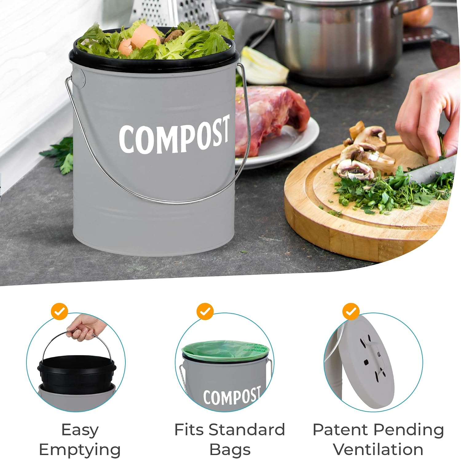 Kitchen Compost Bin by Saratoga Home - 1.3 Gal/5L Metal Compost Bucket for Kitchen Countertop, Kitchen Composter, Countertop Compost Bin, Compost Bin Kitchen, Kitchen Compost Bin Countertop, Gray