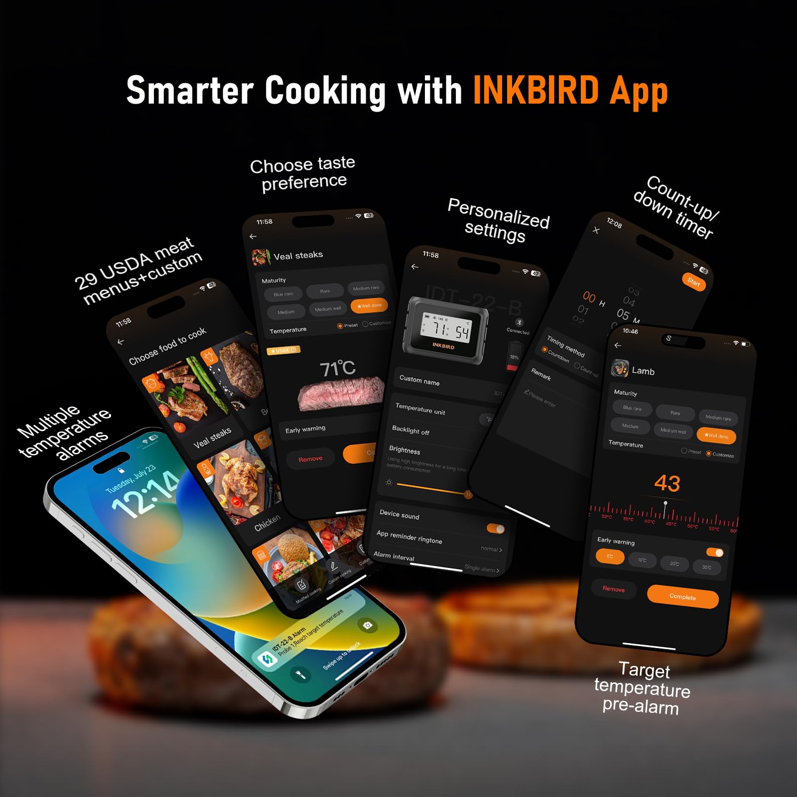 Inkbird IDT-22-B Termometr do pieczenia, Bluetooth 5.0, sterowanie aplikacją, HD LCD, termometr do mięsa, z 2 sondami, do grillowania, pieczenia, grillowania i