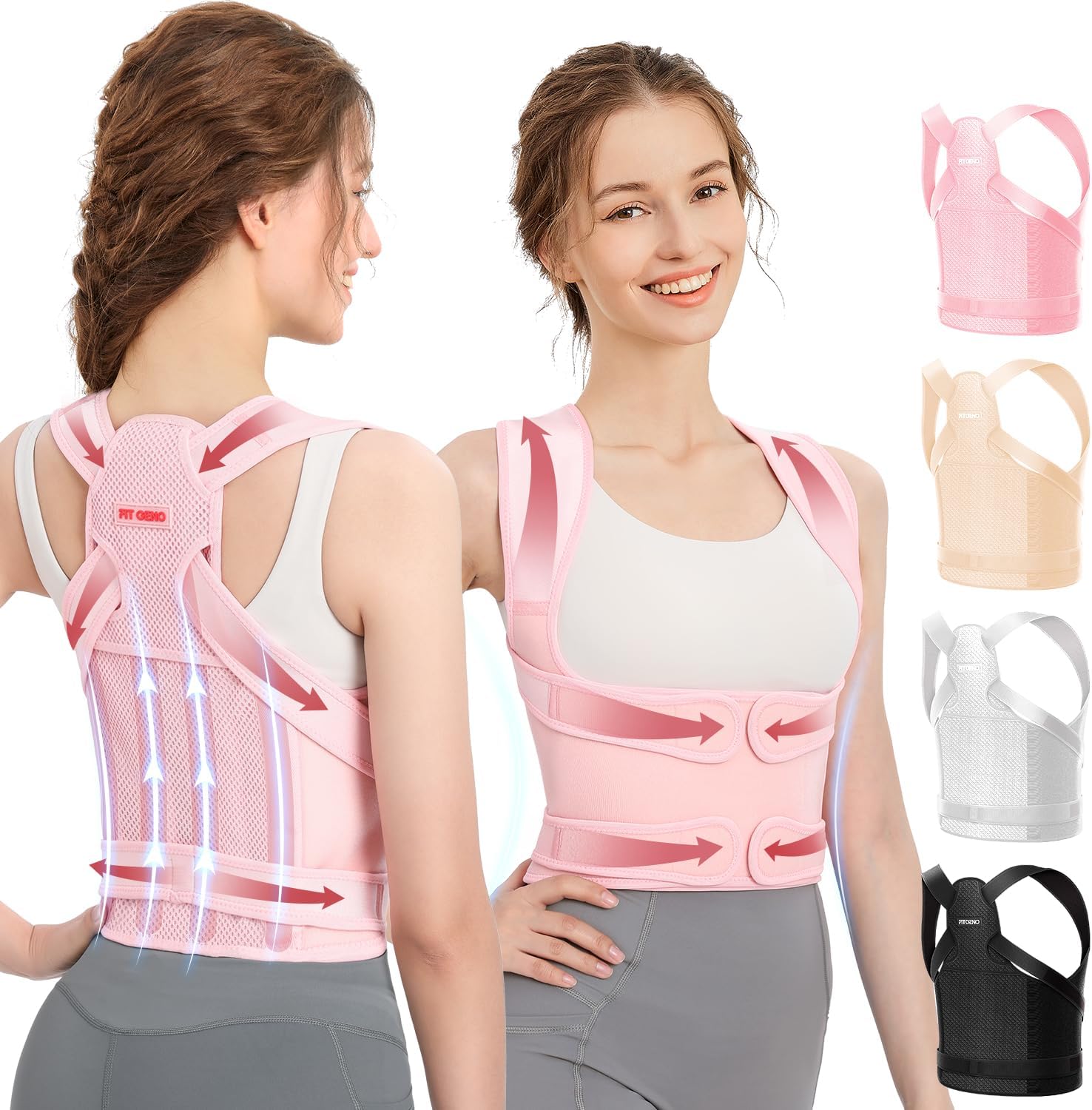 バックブレースと姿勢矯正器 男女兼用 バックストレートナー姿勢矯正、脊柱側osis症と腰椎矯正、背中の痛み、脊椎矯正、サポート、調節可能な姿勢トレーナー、ピンク、M(ウエスト34-41インチ)