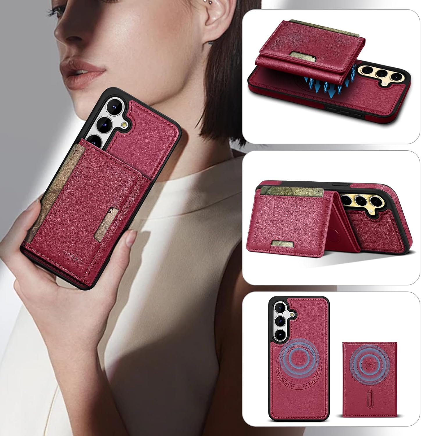 for Samsung Galaxy S26 Plus Wallet Case, 2-in-1 Detachable Magnetic Wallet Case, Card Holder RFID Blocking, Fashionable Faux Leather Card Slot & Folding Design (Red)