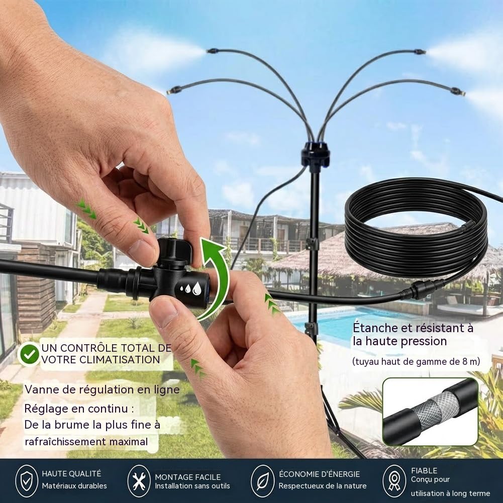Brumisateur sur Pied - Système de Brumisateurs Debout pour Terrasse Extérieure Réglable, Brumisateur Portable avec Tuyau de 8 m et 4 Buses de Brumisation pour Jouer à la Brume, Jardin (1 Kit)
