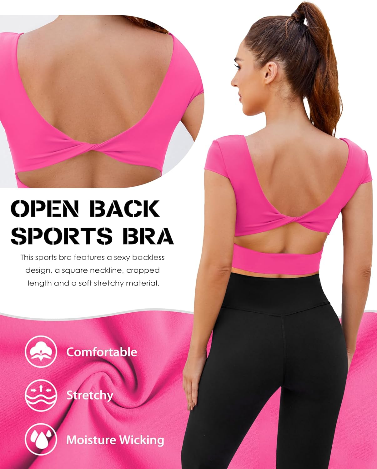 DaiLiWei Open Back Workout Tops for Women Short Sleeve Longline Sports Bras Support Crop Tank Yoga Shirts with Built in Bra