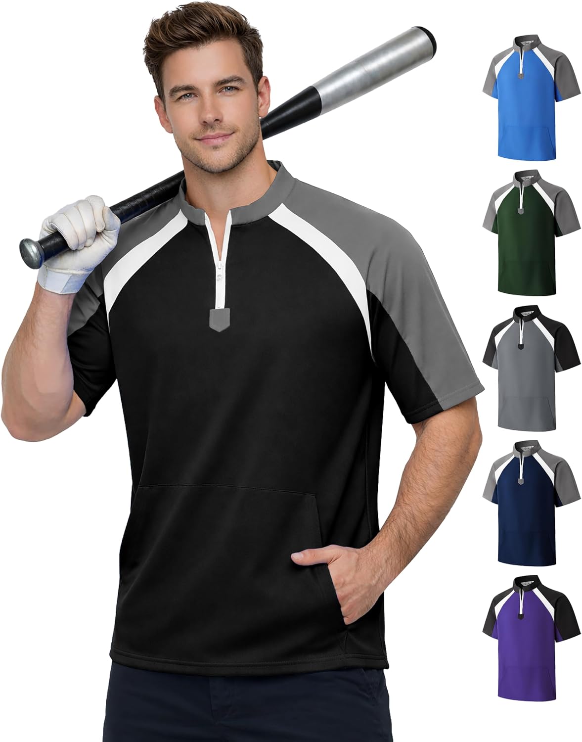 Men’s Baseball Cage Jacket Short Sleeve Windproof & Water-Resistant Baseball Pullover for Batting Practice Coaches Jacket